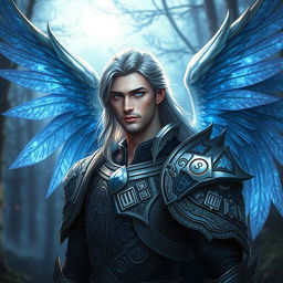 A captivating portrait of a male Aasimar character, showcasing striking ghost wings that shimmer in ethereal blues and silvers