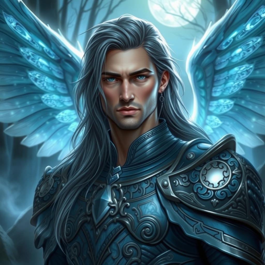 A captivating portrait of a male Aasimar character, showcasing striking ghost wings that shimmer in ethereal blues and silvers