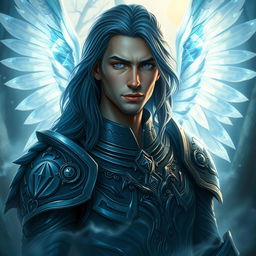 A captivating portrait of a male Aasimar character, showcasing striking ghost wings that shimmer in ethereal blues and silvers