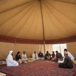 Inside an Arab tent, artisans are displaying live demonstrations of traditional Arabian tent-making, from assembling the framework to draping and adorning the tent with vibrant fabrics. The audience is intrigued by the skilled craftsmanship.