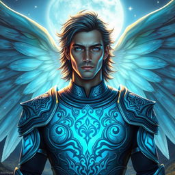 A striking portrait of a male Aasimar character, featuring magnificent ghost wings that radiate a soft glow in shades of ethereal blue and silver