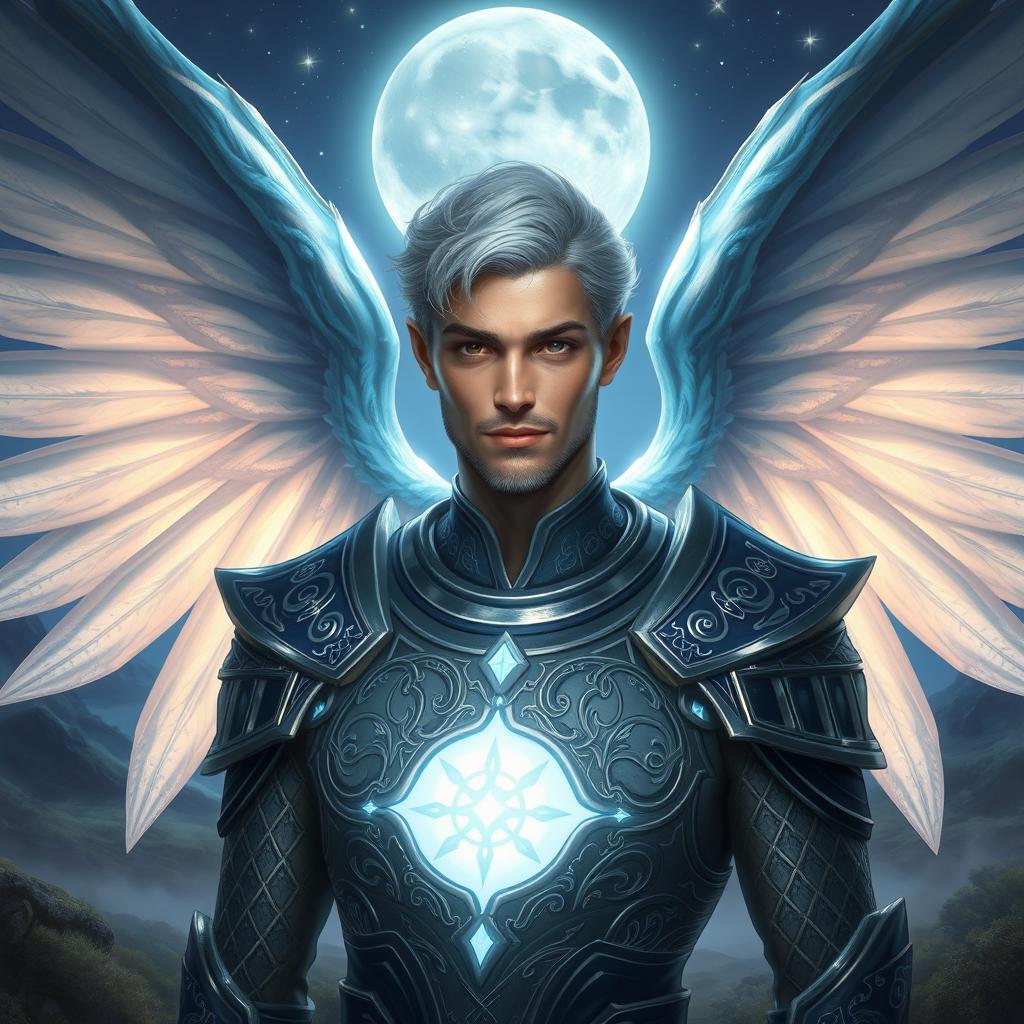 A striking portrait of a male Aasimar character, featuring magnificent ghost wings that radiate a soft glow in shades of ethereal blue and silver