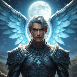 A striking portrait of a male Aasimar character, featuring magnificent ghost wings that radiate a soft glow in shades of ethereal blue and silver