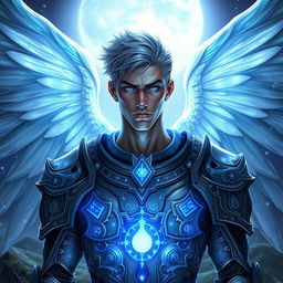 A striking portrait of a male Aasimar character, featuring magnificent ghost wings that radiate a soft glow in shades of ethereal blue and silver