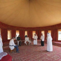 Inside an Arab tent, artisans are displaying live demonstrations of traditional Arabian tent-making, from assembling the framework to draping and adorning the tent with vibrant fabrics. The audience is intrigued by the skilled craftsmanship.