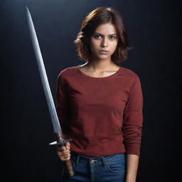 The fair-complexioned Indian girl, her short reddish-brown hair enhancing her beauty, blind in one eye, courageously holds a sword. She wears her red full-sleeve t-shirt and jeans defiantly, standing amidst the unsettling darkness.