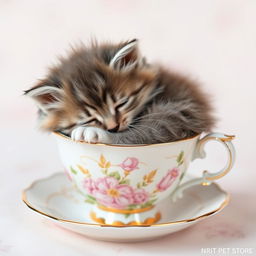 A cute, fluffy kitten comfortably curled up inside a delicate teacup, showcasing its playful and adorable features