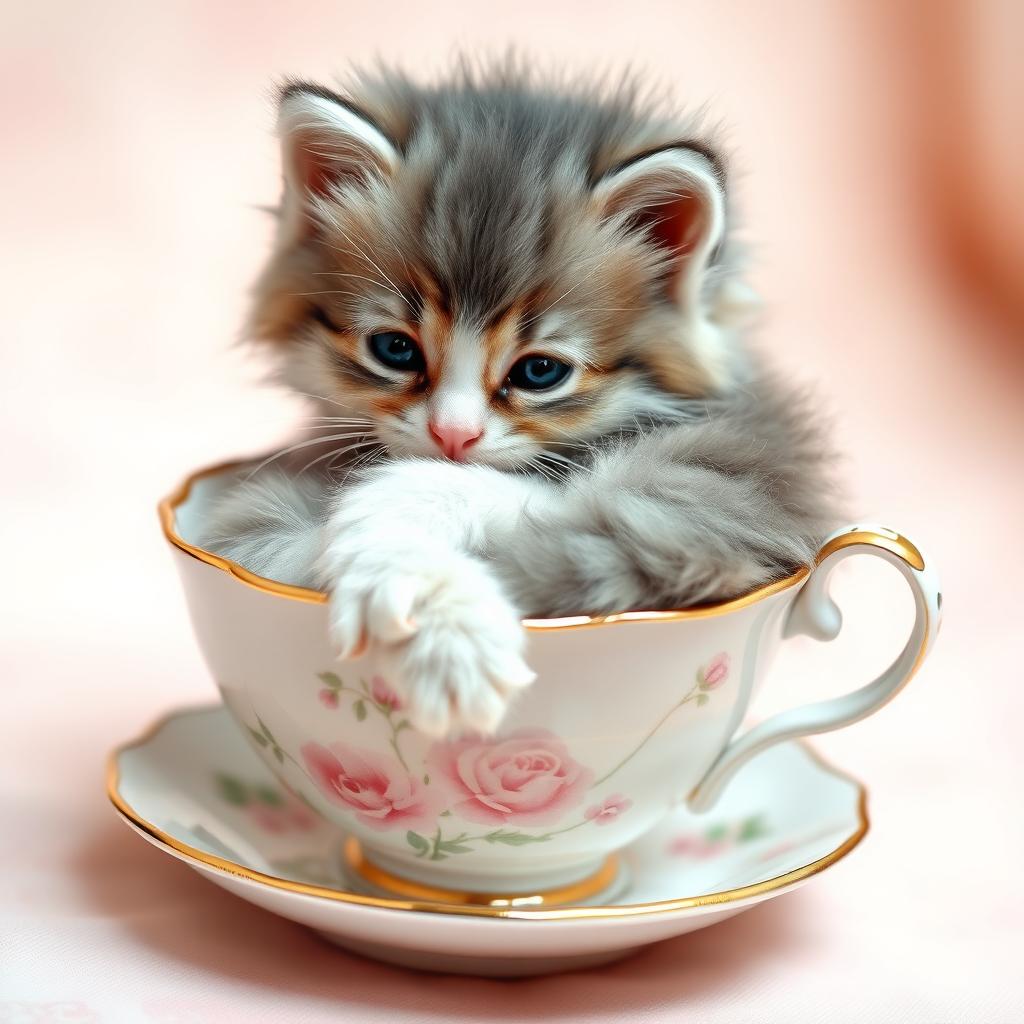 A cute, fluffy kitten comfortably curled up inside a delicate teacup, showcasing its playful and adorable features