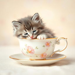 A cute, fluffy kitten comfortably curled up inside a delicate teacup, showcasing its playful and adorable features