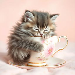 A cute, fluffy kitten comfortably curled up inside a delicate teacup, showcasing its playful and adorable features