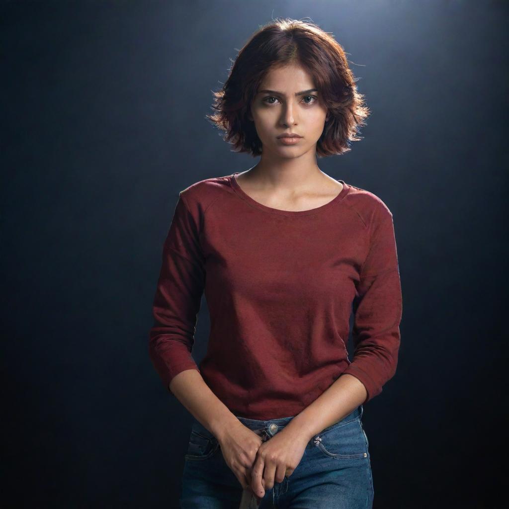 The fair-complexioned Indian girl, her short reddish-brown hair enhancing her beauty, blind in one eye, courageously holds a sword. She wears her red full-sleeve t-shirt and jeans defiantly, standing amidst the unsettling darkness.