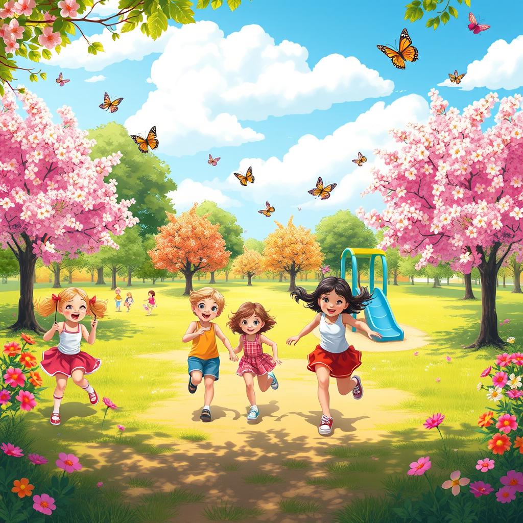 A vibrant and colorful scene in a sunny park, featuring a playful atmosphere with children joyfully playing on swings, slides, and running around