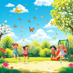 A vibrant and colorful scene in a sunny park, featuring a playful atmosphere with children joyfully playing on swings, slides, and running around