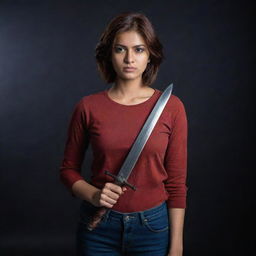 The fair-complexioned Indian girl, her short reddish-brown hair enhancing her beauty, blind in one eye, courageously holds a sword. She wears her red full-sleeve t-shirt and jeans defiantly, standing amidst the unsettling darkness.