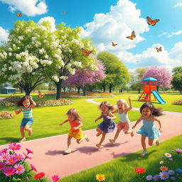 A vibrant and colorful scene in a sunny park, featuring a playful atmosphere with children joyfully playing on swings, slides, and running around