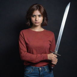 The fair-complexioned Indian girl, her short reddish-brown hair enhancing her beauty, blind in one eye, courageously holds a sword. She wears her red full-sleeve t-shirt and jeans defiantly, standing amidst the unsettling darkness.