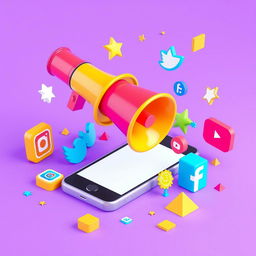 A colorful 3D scene depicting a megaphone emerging from a smartphone screen