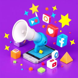 A colorful 3D scene depicting a megaphone emerging from a smartphone screen