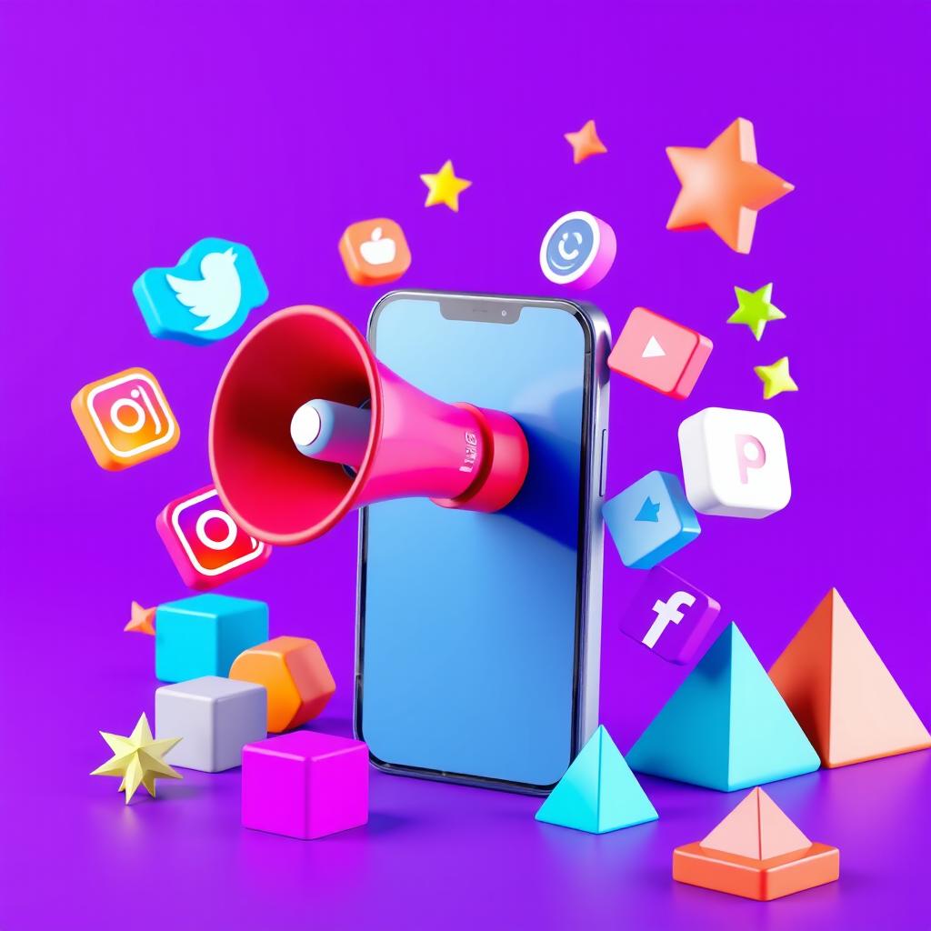 A colorful 3D scene depicting a megaphone emerging from a smartphone screen