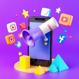 A colorful 3D scene depicting a megaphone emerging from a smartphone screen