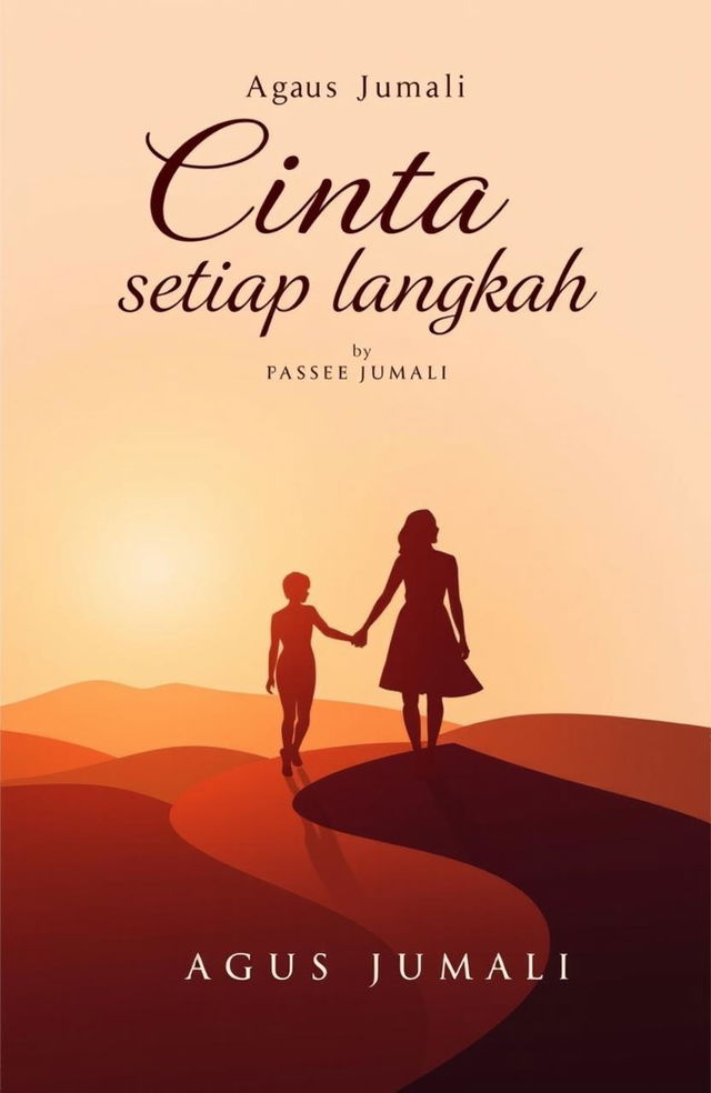 A book cover design featuring the title "Cinta di setiap langkah by Agus Jumali" elegantly placed at the top in artistic yet readable typography, using a contrasting color to stand out against the background