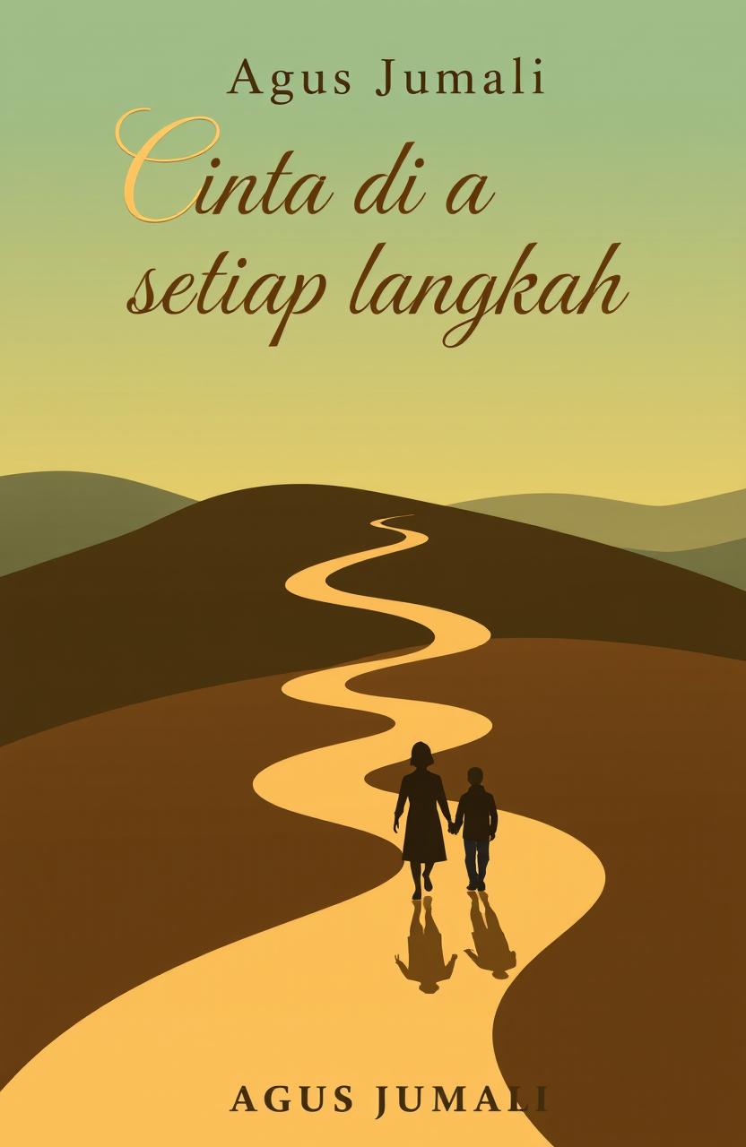 A book cover design featuring the title "Cinta di setiap langkah by Agus Jumali" elegantly placed at the top in artistic yet readable typography, using a contrasting color to stand out against the background