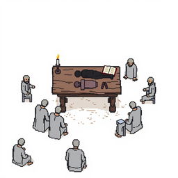 A pixel art drawing 43 pixels long and 34 pixels wide depicting a rustic table in the center