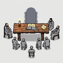 A pixel art drawing 43 pixels long and 34 pixels wide depicting a rustic table in the center