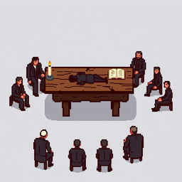 A pixel art drawing 43 pixels long and 34 pixels wide depicting a rustic table in the center