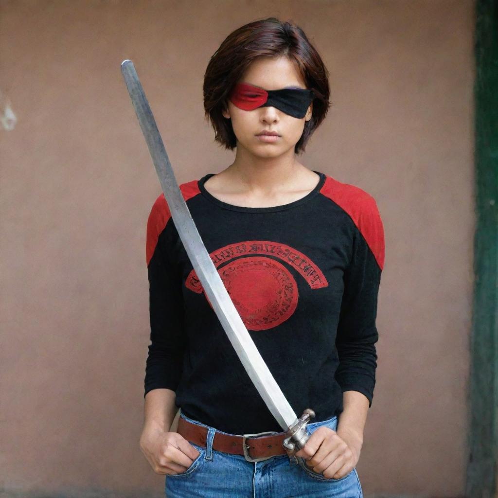 The Indian girl with a fair complexion and reddish-brown short hair, now wearing a black eyepatch over her blind eye. Wearing a full-sleeve red t-shirt and jeans, she stands courageously holding a sword amid a dark, foreboding setting.