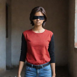 The Indian girl with a fair complexion and reddish-brown short hair, now wearing a black eyepatch over her blind eye. Wearing a full-sleeve red t-shirt and jeans, she stands courageously holding a sword amid a dark, foreboding setting.