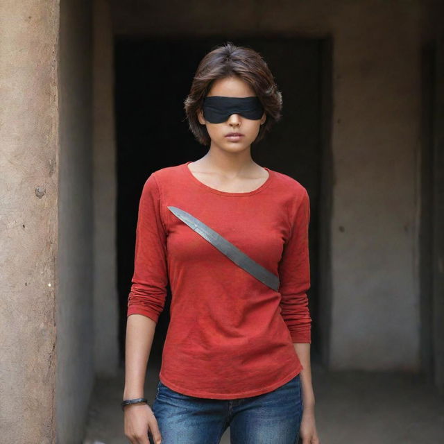 The Indian girl with a fair complexion and reddish-brown short hair, now wearing a black eyepatch over her blind eye. Wearing a full-sleeve red t-shirt and jeans, she stands courageously holding a sword amid a dark, foreboding setting.