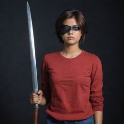 The Indian girl with a fair complexion and reddish-brown short hair, now wearing a black eyepatch over her blind eye. Wearing a full-sleeve red t-shirt and jeans, she stands courageously holding a sword amid a dark, foreboding setting.