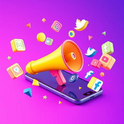 A highly vibrant and modern 3D illustration showcasing a large, bright yellow and pink megaphone emerging from a smartphone screen