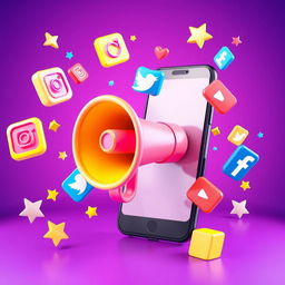 A highly vibrant and modern 3D illustration showcasing a large, bright yellow and pink megaphone emerging from a smartphone screen