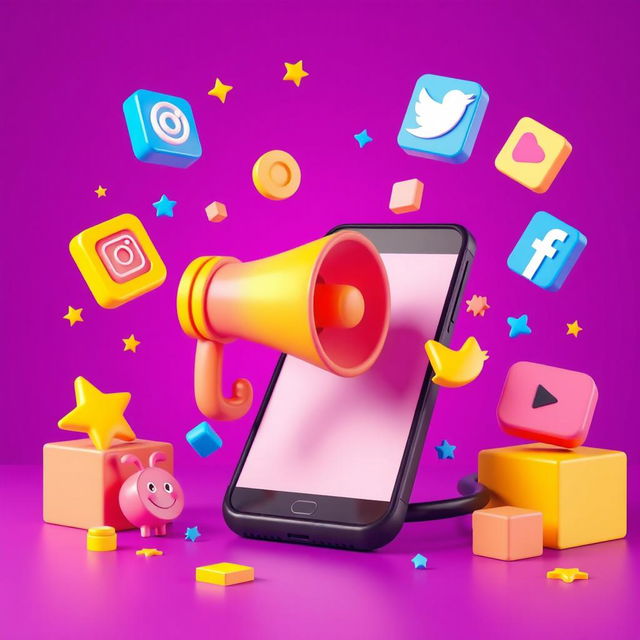 A highly vibrant and modern 3D illustration showcasing a large, bright yellow and pink megaphone emerging from a smartphone screen