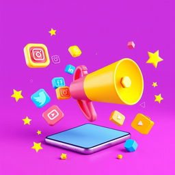 A highly vibrant and modern 3D illustration showcasing a large, bright yellow and pink megaphone emerging from a smartphone screen