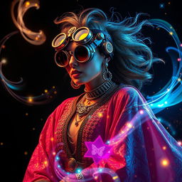 A light painting photograph featuring a retro-futuristic enchanter adorned in sparkly whirlwind technicolor robes and oversized steampunk goggles