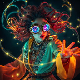 A light painting photograph featuring a retro-futuristic enchanter adorned in sparkly whirlwind technicolor robes and oversized steampunk goggles