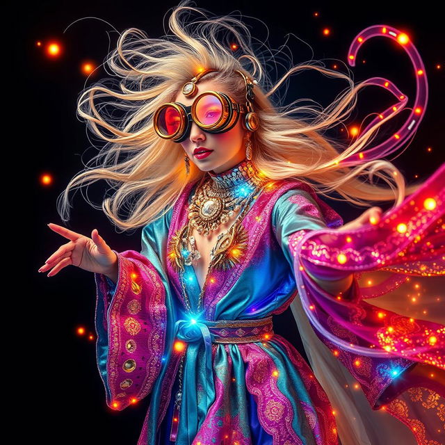 A light painting photograph featuring a retro-futuristic enchanter adorned in sparkly whirlwind technicolor robes and oversized steampunk goggles