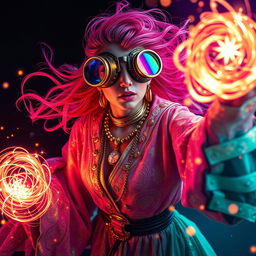 A light painting photograph featuring a retro-futuristic enchanter adorned in sparkly whirlwind technicolor robes and oversized steampunk goggles