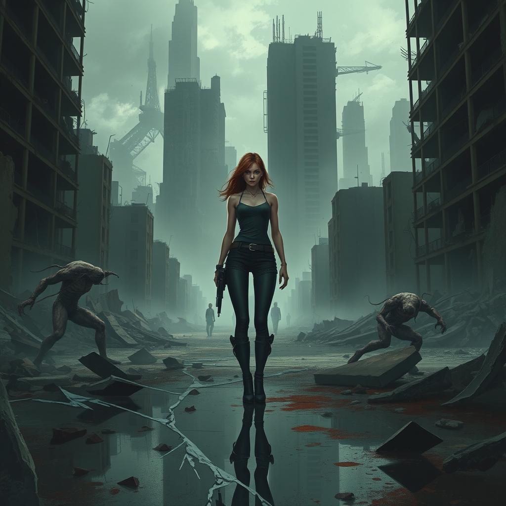 A lone female figure representing Scarlett standing in an abandoned, decaying cityscape filled with shattered buildings, embodying themes of danger, destruction, and survival