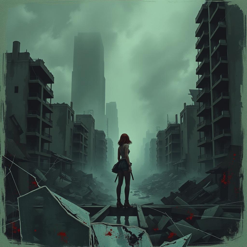 A lone female figure representing Scarlett standing in an abandoned, decaying cityscape filled with shattered buildings, embodying themes of danger, destruction, and survival