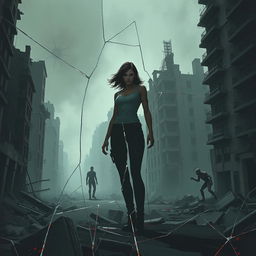 A lone female figure representing Scarlett standing in an abandoned, decaying cityscape filled with shattered buildings, embodying themes of danger, destruction, and survival