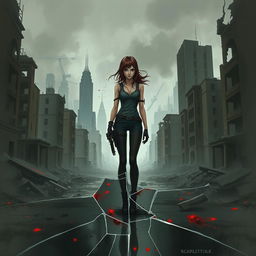 A lone female figure representing Scarlett standing in an abandoned, decaying cityscape filled with shattered buildings, embodying themes of danger, destruction, and survival