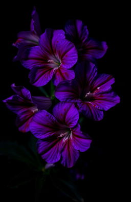 A visually striking composition featuring vibrant purple flowers with vivid red blood splatters on their petals, set against a contrasting dark background