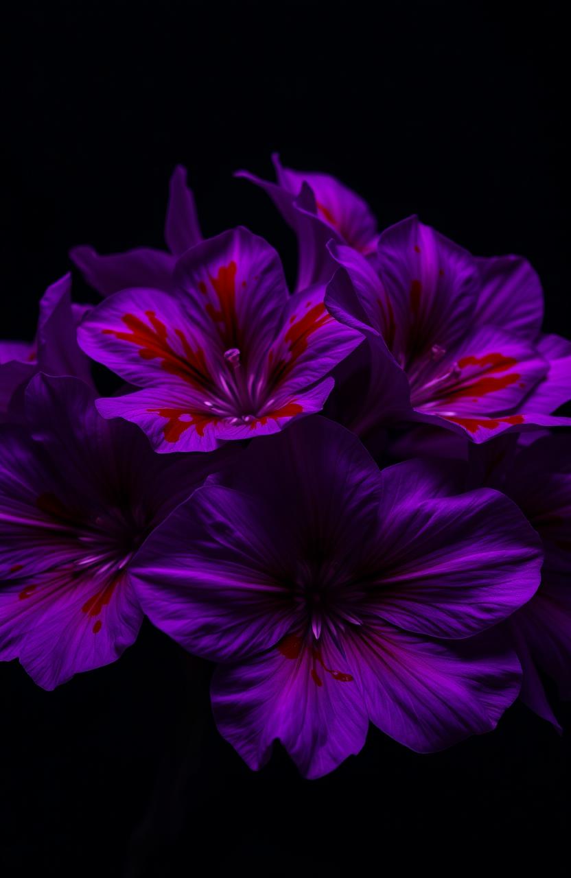 A visually striking composition featuring vibrant purple flowers with vivid red blood splatters on their petals, set against a contrasting dark background