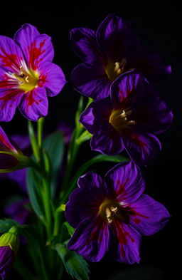 A visually striking composition featuring vibrant purple flowers with vivid red blood splatters on their petals, set against a contrasting dark background