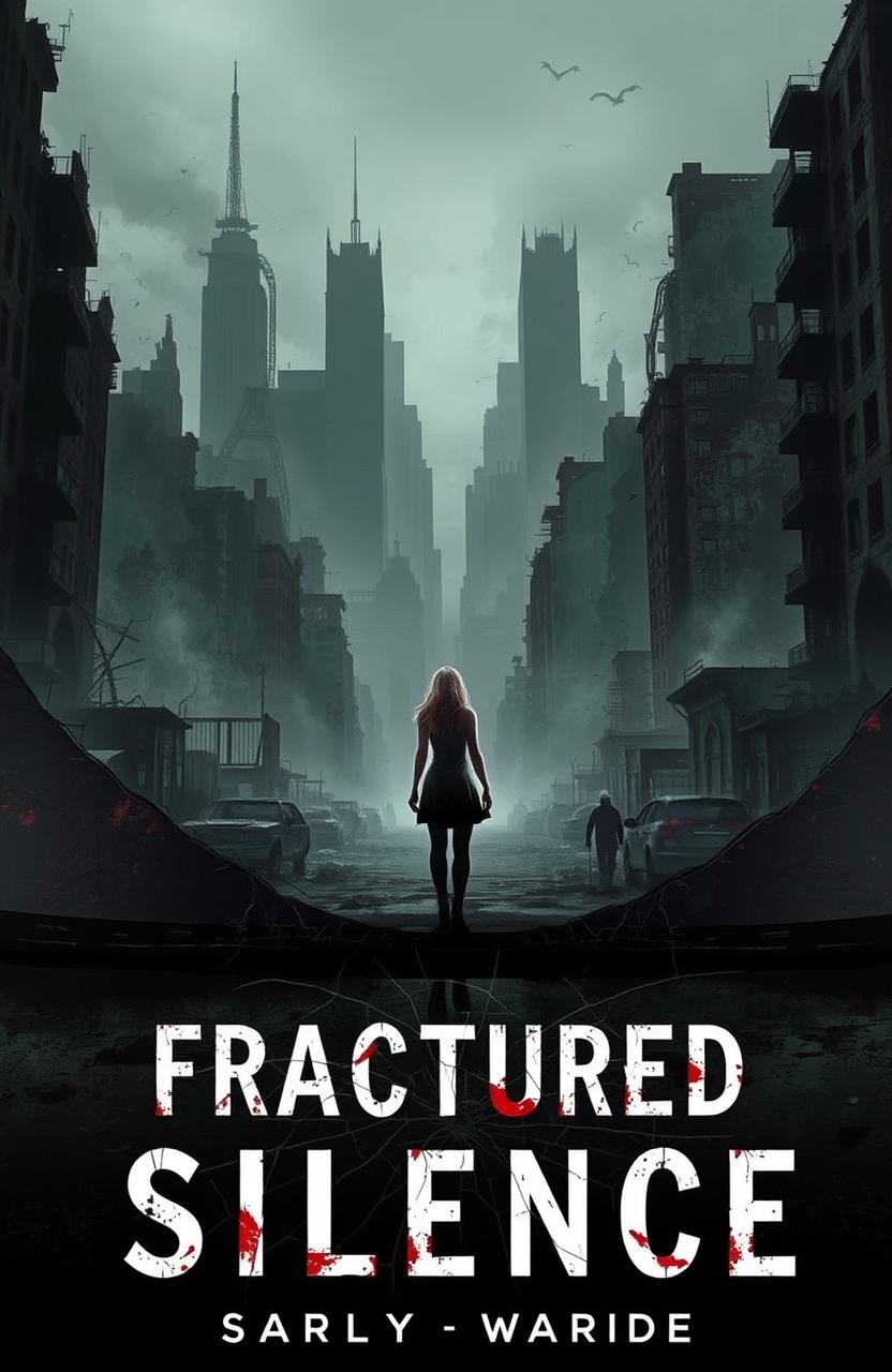 A lone female figure representing Scarlett, standing in an abandoned, decaying cityscape filled with shattered buildings and an eerie, silent atmosphere