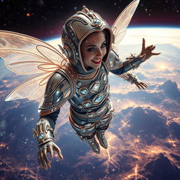 A fairylike retro-futuristic galactic nomad drifting through space, clad in shimmering metallic armor adorned with twinkling gemstones